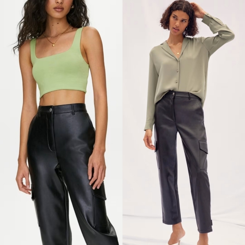 Aritzia Wilfred Vegan Leather Modern Cargo Pant Black Patch Pockets Ankle tab 6